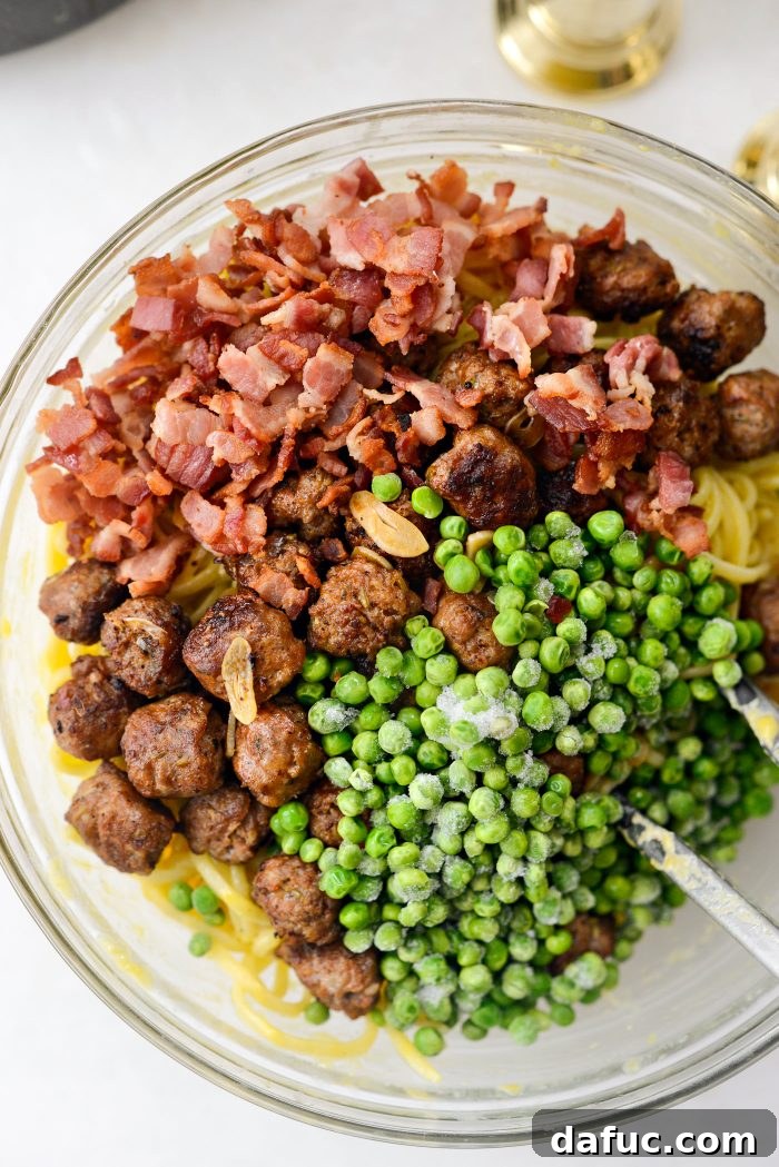 add in bacon, sausage and garlic and peas