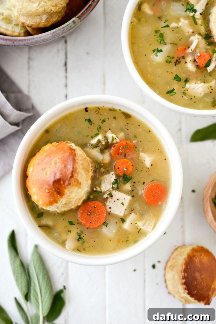 Homemade Turkey Pot Pie Soup, perfect for using Thanksgiving leftovers, a creamy, from-scratch soup recipe. Keywords: homemade, turkey, potpie, soup, leftover, fromscratch, thanksgiving, leftovers