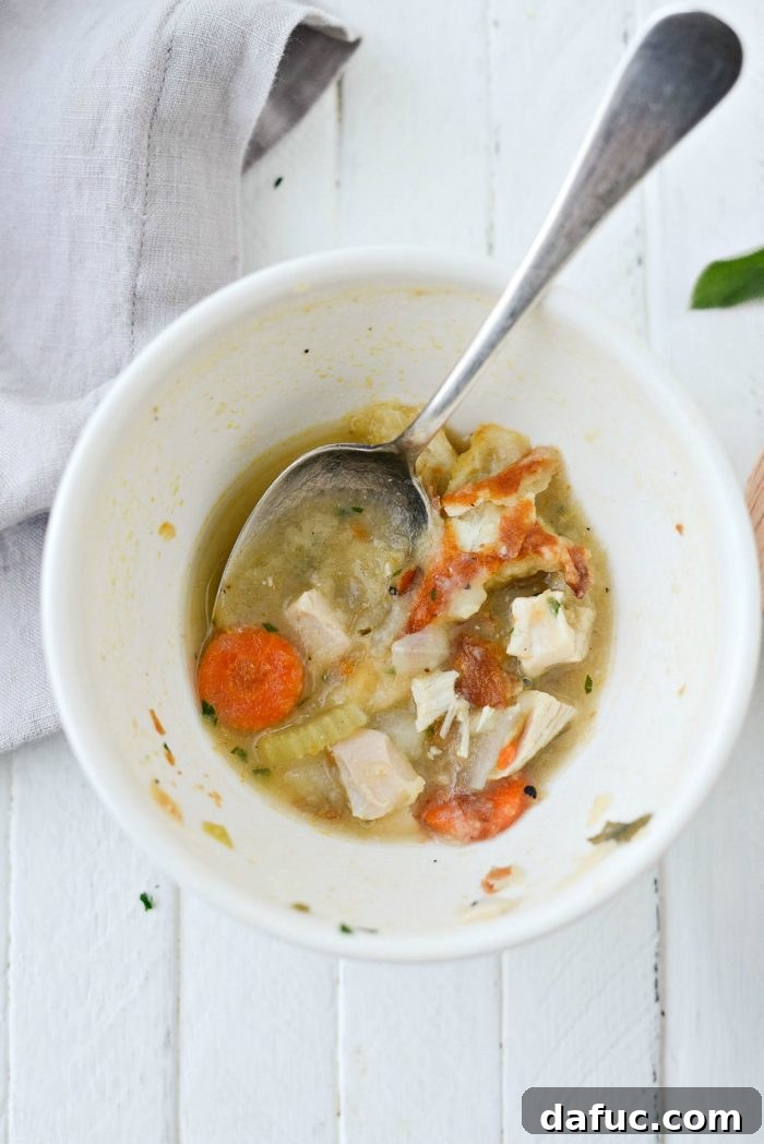 A beautifully plated bowl of Homemade Turkey Pot Pie Soup, garnished and ready to serve. Keywords: homemade, turkey, potpie, soup, leftover, fromscratch, thanksgiving, leftovers