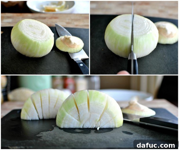 Golden Baked Onion Blooms with Zesty Fry Dip 4 Slicing onion vertically for petals