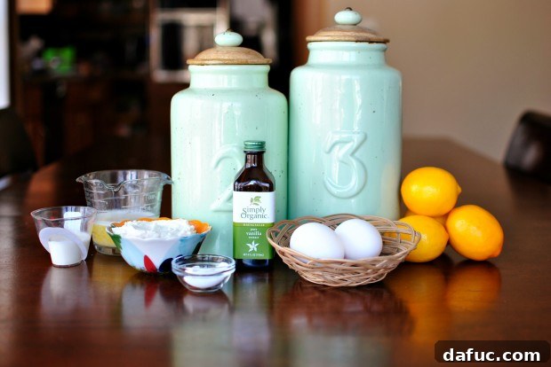 Sun-Kissed Meyer Lemon Ricotta Cloud Cake 2 Ingredients for Meyer Lemon Ricotta Cake laid out on a kitchen counter