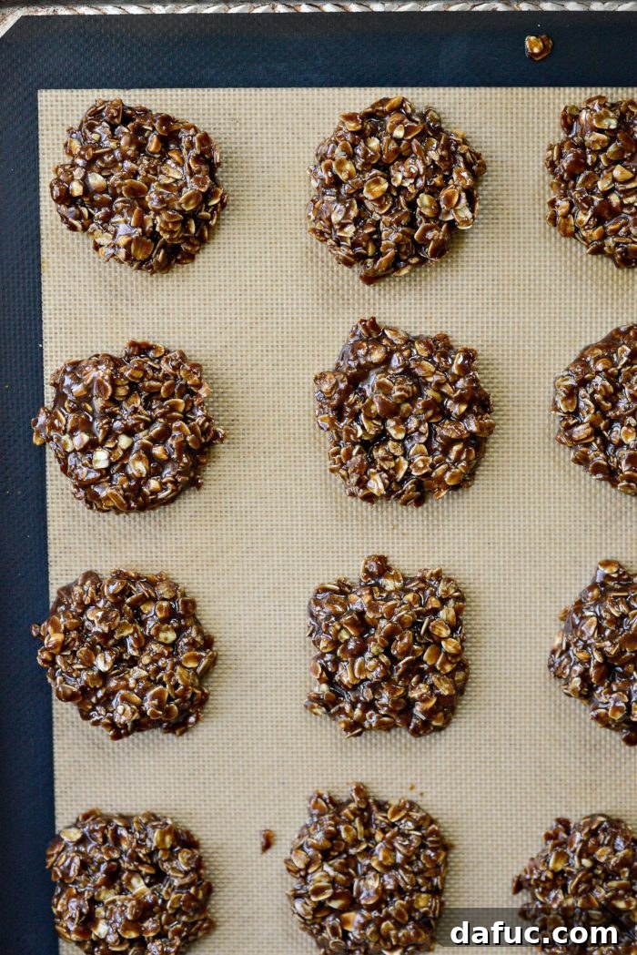 Fudgy No-Bake Oatmeal Delights 12 No-Bake Chocolate Oatmeal Cookies cooling on a lined baking sheet