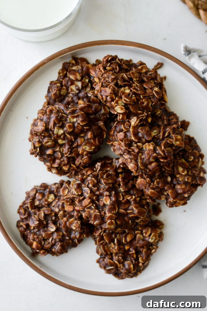 Fudgy No-Bake Oatmeal Delights 13 Delicious No-Bake Chocolate Oatmeal Cookies, ready for enjoyment