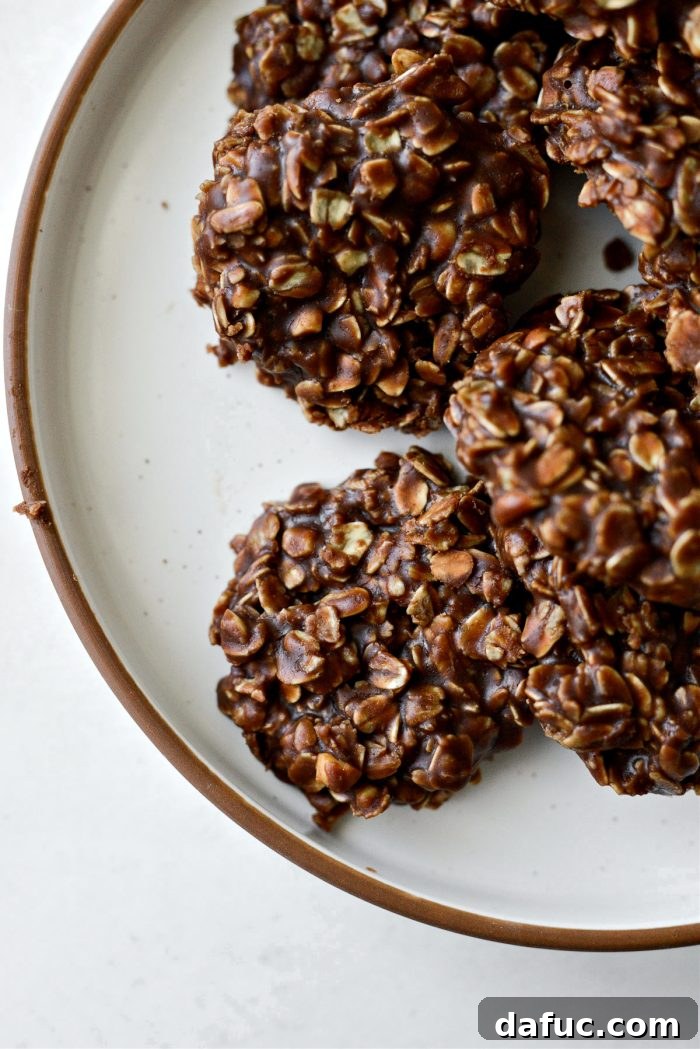 Fudgy No-Bake Oatmeal Delights 3 Stack of freshly made No-Bake Chocolate Oatmeal Cookies