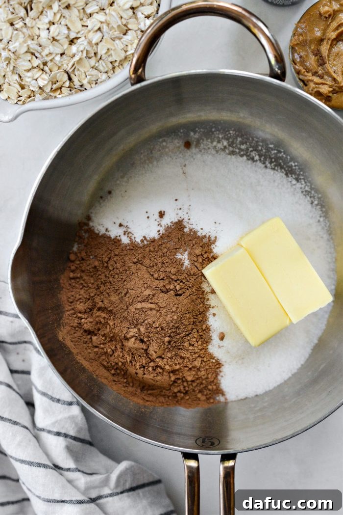 Fudgy No-Bake Oatmeal Delights 5 Sugar, butter, and cocoa powder heating in a saucepan