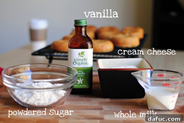 cream cheese glaze ingredients Ingredients for a smooth cream cheese glaze: softened cream cheese, powdered sugar, vanilla extract, and milk