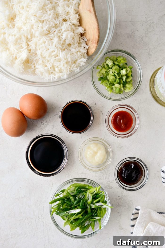 Effortless Fried Rice 4 Ingredients for Easy Fried Rice laid out, including rice, green onions, and sauces