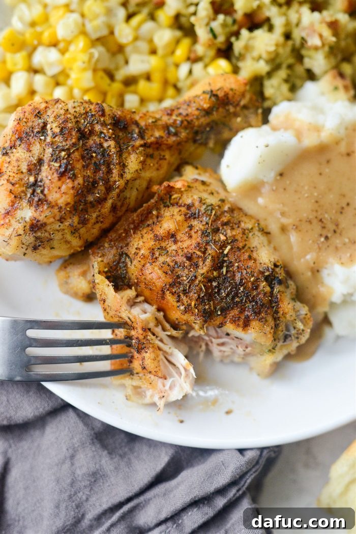Classic Comfort Baked Chicken 26 A beautiful spread of Homestyle Baked Chicken with Gravy, mashed potatoes, and corn