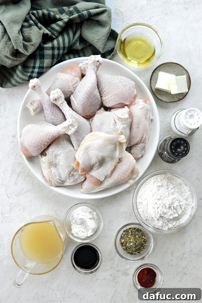 Classic Comfort Baked Chicken 4 Ingredients for Homestyle Baked Chicken and Gravy laid out