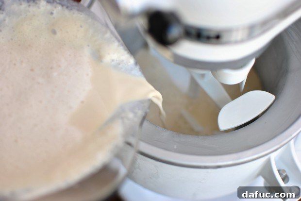 Pouring the chilled coffee ice cream base into the maker