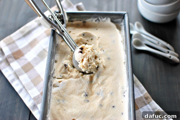 Scooping homemade chocolate chip coffee ice cream