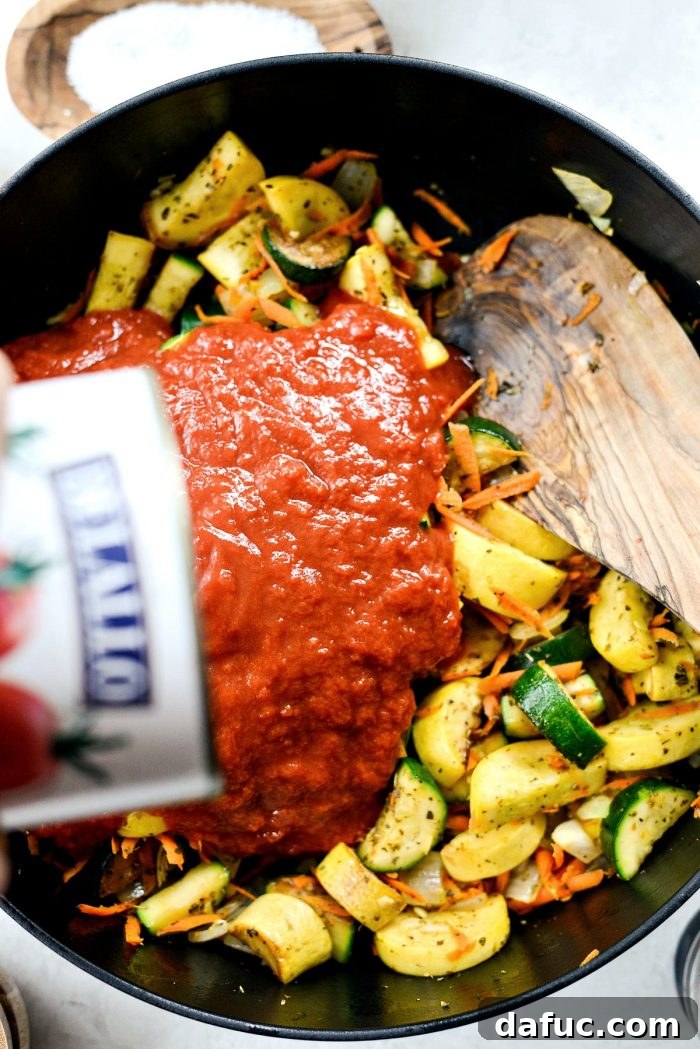 Rustic Garden Ragu 11 Crushed tomatoes added to sautéed vegetables and aromatics