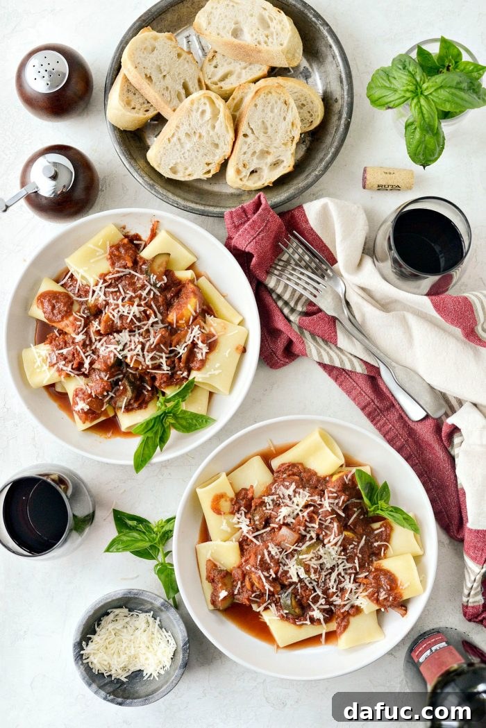 Rustic Garden Ragu 15 Garden Vegetable Ragu served over paccheri pasta with Parmesan