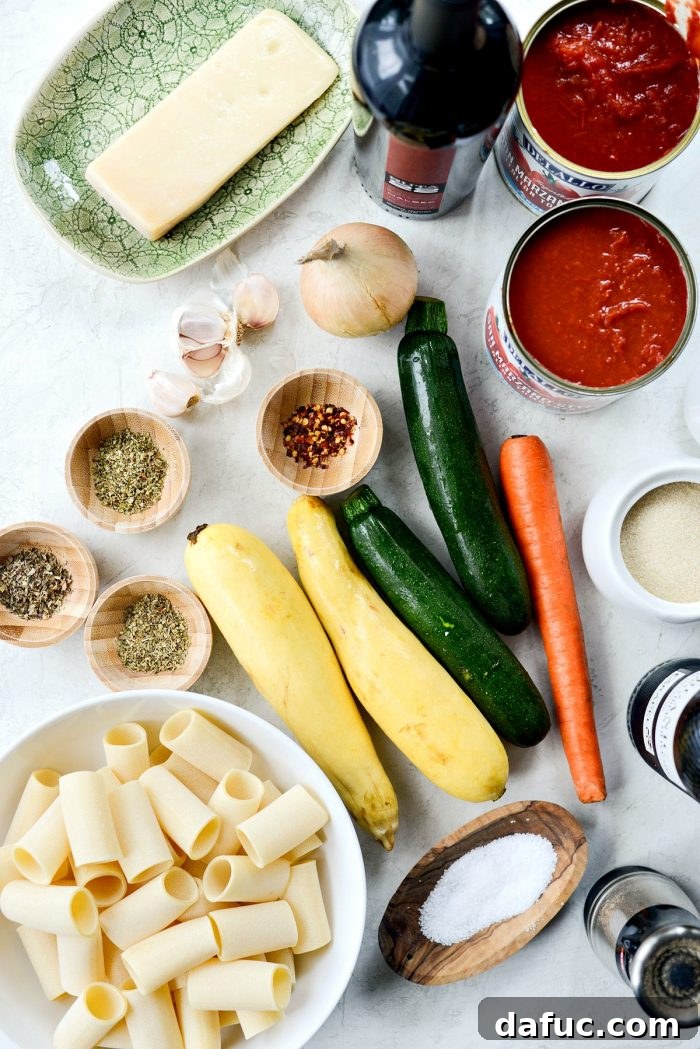 Rustic Garden Ragu 4 Ingredients for Garden Vegetable Ragu laid out on a kitchen counter