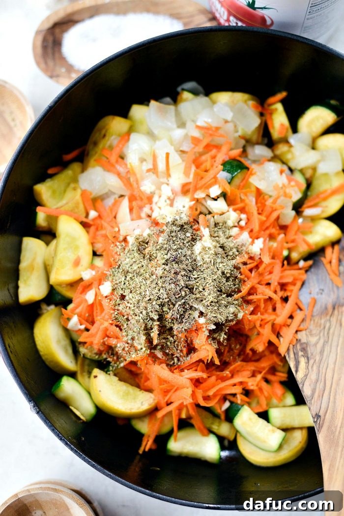 Rustic Garden Ragu 9 Onions, carrots, and herbs added back to the skillet with squash