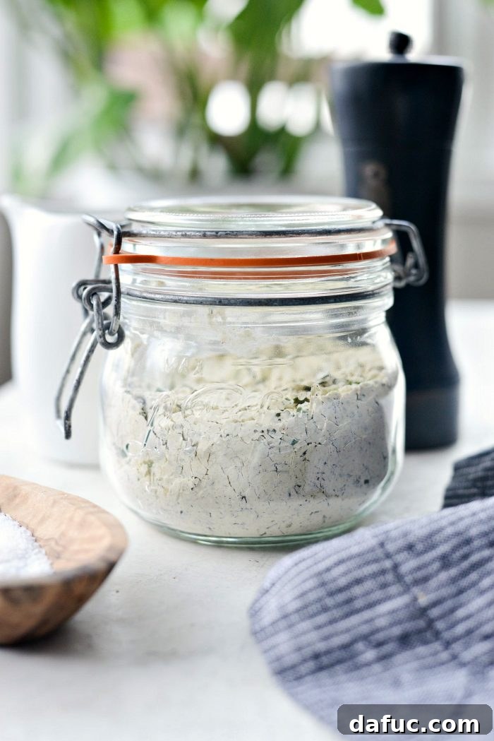 Craft Your Signature Ranch Blend 3 Ingredients for a healthy Homemade Ranch Dressing Mix, including buttermilk powder, herbs, and spices.