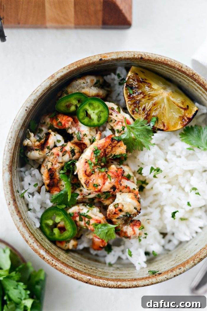 Grilled Garlic Cilantro Lime Shrimp served over fluffy white rice