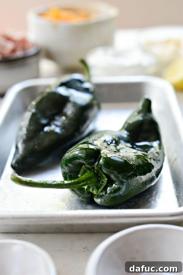 Fresh poblano peppers before charring