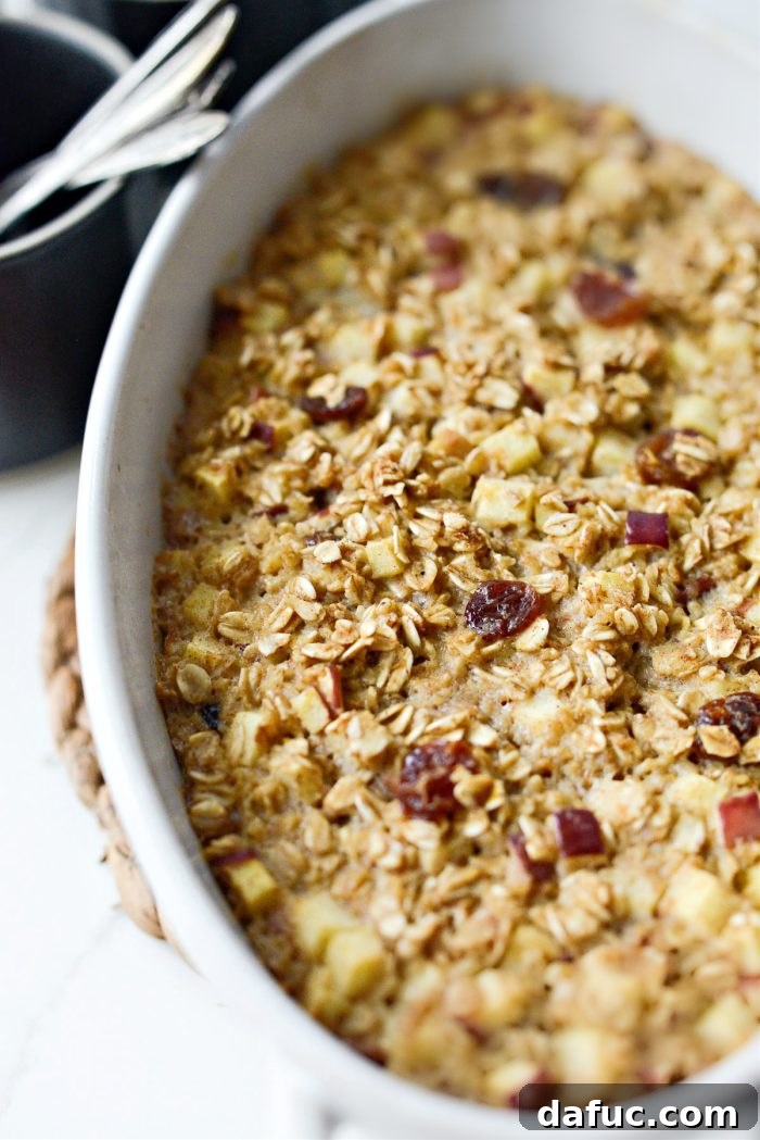 Warm Apple Cinnamon Oat Bake 11 A serving of Apple Cinnamon Baked Oatmeal in a bowl, with a spoon nestled in, ready to eat and enjoy