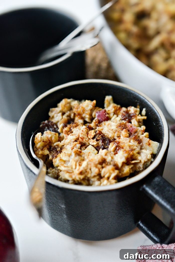 Warm Apple Cinnamon Oat Bake 13 An enticing shot of Apple Cinnamon Baked Oatmeal served in a bowl, garnished with a drizzle of milk and a sprinkle of brown sugar, ready for consumption