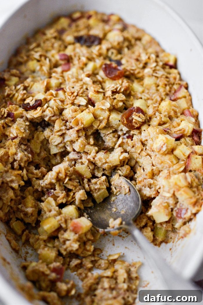 Warm Apple Cinnamon Oat Bake 15 Another close-up of the Baked Apple Cinnamon Oatmeal in a bowl, emphasizing its fresh ingredients and comforting appeal, garnished with a spoon
