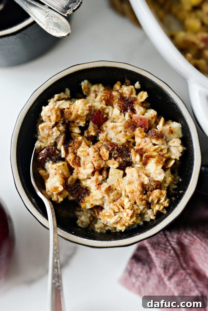 Warm Apple Cinnamon Oat Bake 3 A close-up of a bowl of warm Apple Cinnamon Baked Oatmeal, showcasing tender apple pieces and plump raisins within the fluffy oat mixture