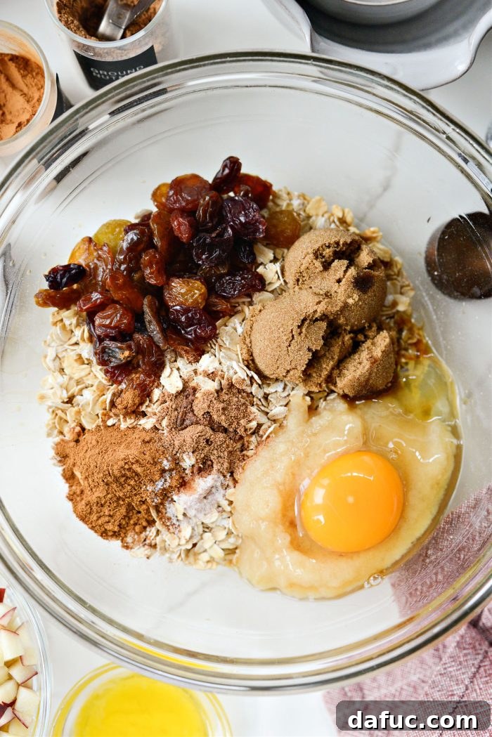Warm Apple Cinnamon Oat Bake 5 Mixing bowl with old fashioned rolled oats, applesauce, golden raisins, dark brown sugar, egg, vanilla extract, cinnamon, nutmeg, and salt, ready for liquids