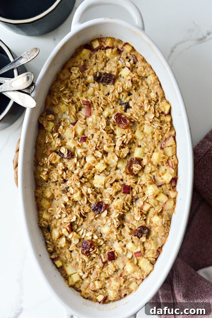 Warm Apple Cinnamon Oat Bake 10 Freshly baked Apple Cinnamon Baked Oatmeal in a baking dish, golden and fragrant, just out of the oven, steam rising gently