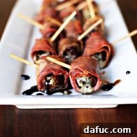Prosciutto Wrapped Gorgonzola Stuffed Dates with Honey-Balsamic Drizzle