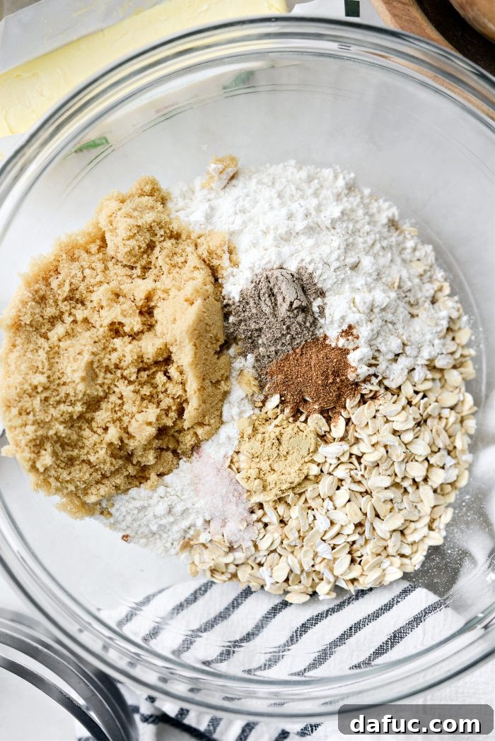 Golden Baked Rhubarb Crumble 10 add flour, oats, brown sugar, salt and spices in a bowl