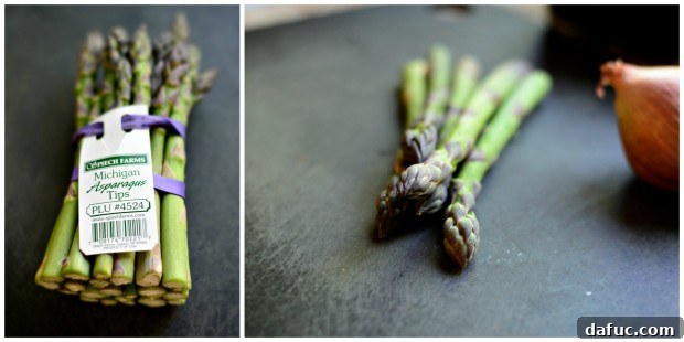 Collage of fresh green asparagus spears, highlighting their crisp texture and vibrant color, perfect for spring recipes.