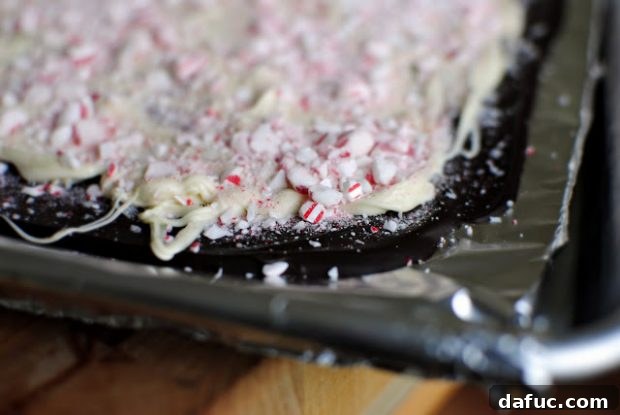Mint Chocolate Sea Salt Delight 2 Delicious Salted Chocolate Peppermint Bark with dark chocolate as the base, white chocolate drizzle, crushed peppermint, and flaked sea salt.