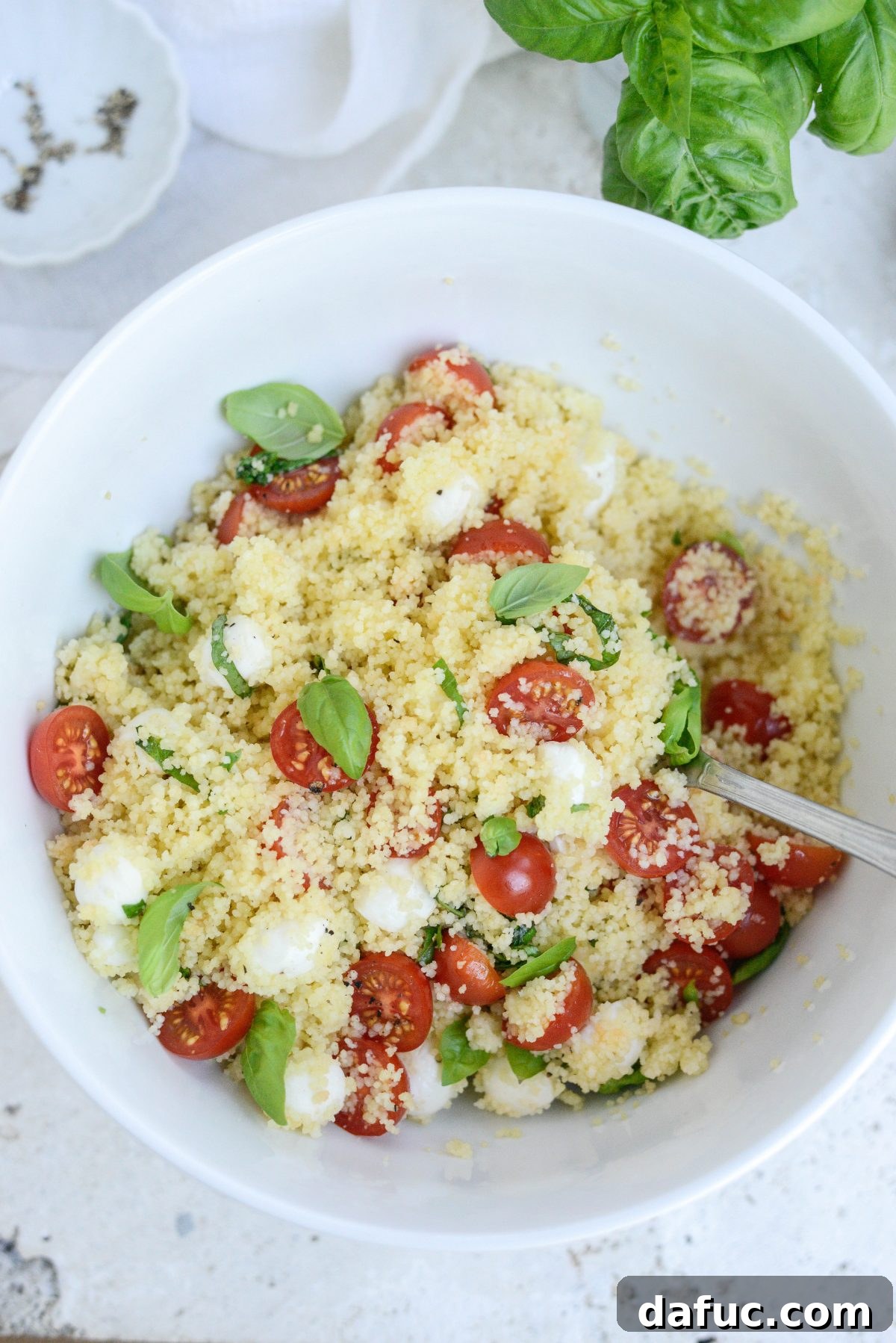 Vibrant Caprese Couscous 11 Overhead view of Caprese Couscous Salad