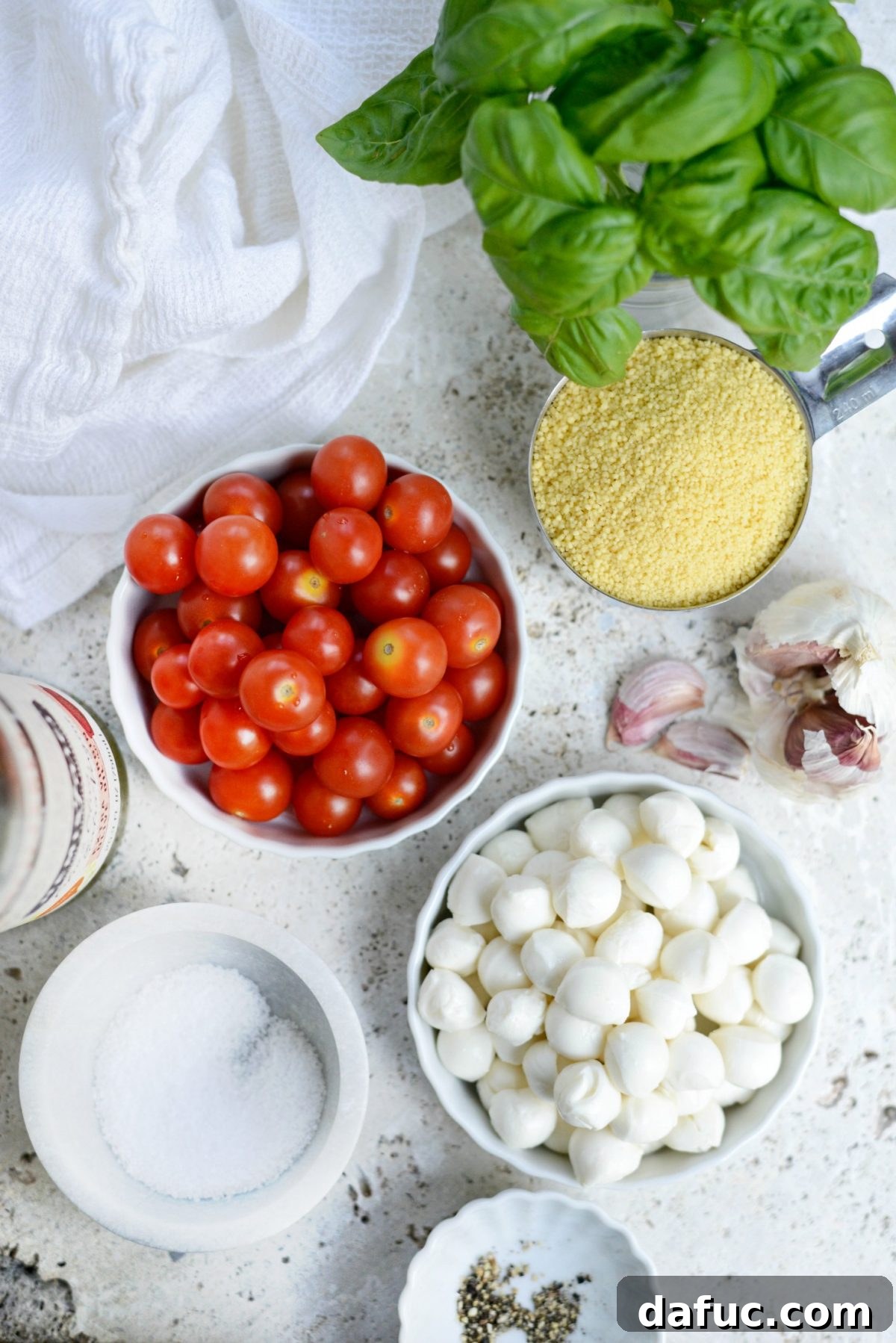 Vibrant Caprese Couscous 4 Ingredients for Caprese Couscous Salad laid out