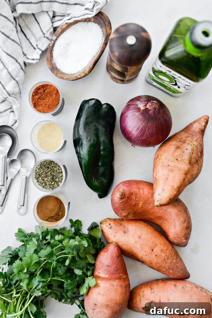 Ingredients for making Sweet Potato Home Fries laid out.