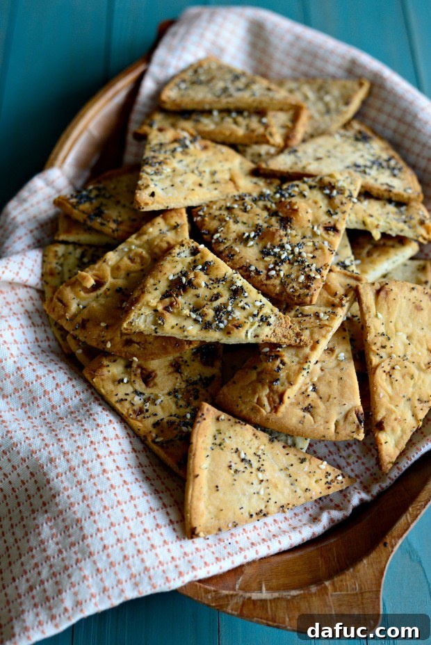 Everything Seasoned Pita Crisps 15 Close-up view of golden and crispy Everything Baked Pita Chips