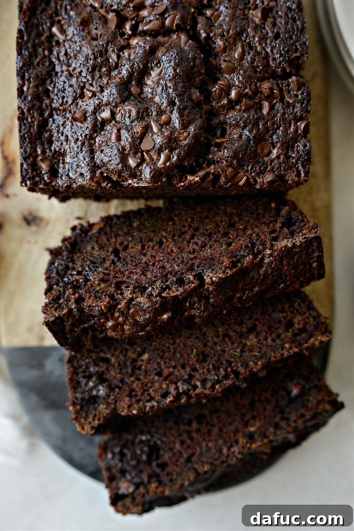 Fudgy Double Chocolate Zucchini Bread 20 Chocolate Chocolate Chip Zucchini Bread Slice