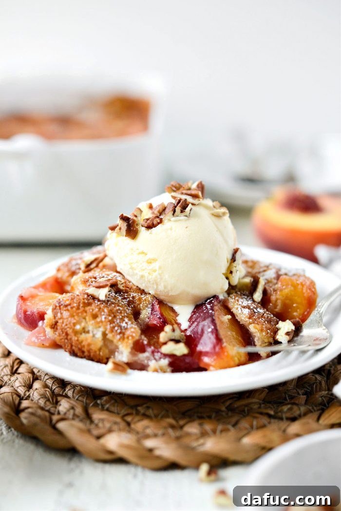 Brown Butter Peach Cobbler, golden and bubbly, fresh from the oven
