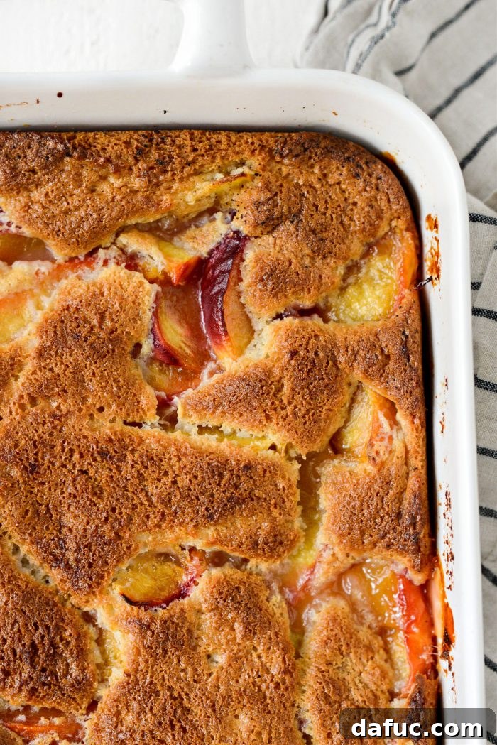 A freshly baked Brown Butter Peach Cobbler, golden and bubbly, just removed from the oven