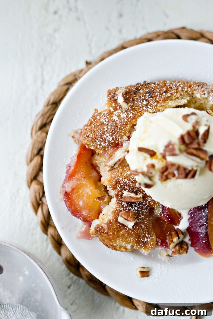 A second close-up image of the Brown Butter Peach Cobbler, showing its textured top