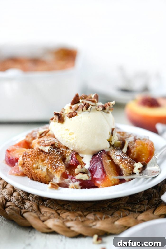 Another enticing shot of the Brown Butter Peach Cobbler, ready to be served