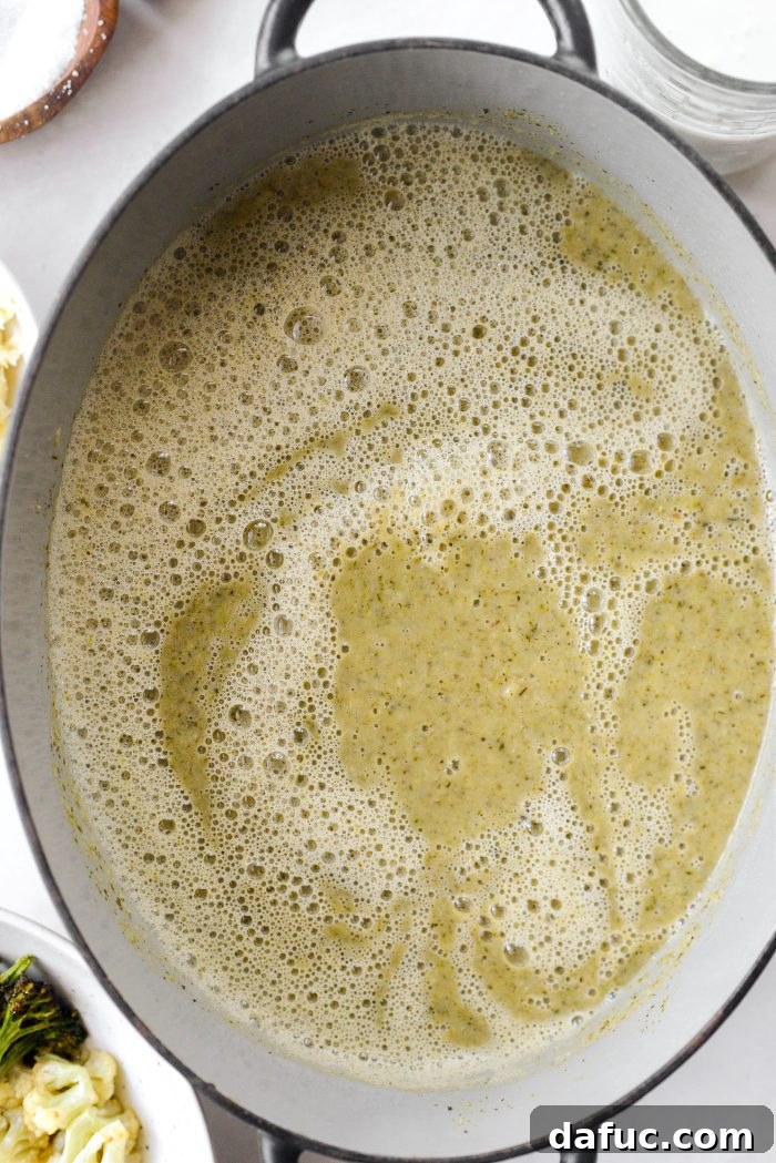 Velvety smooth pureed broccoli cauliflower soup