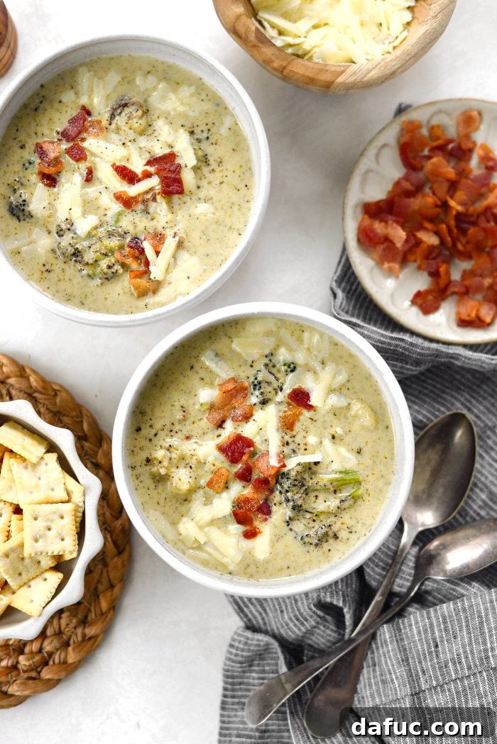 Bowl of Roasted Broccoli Cauliflower Soup ready to be served