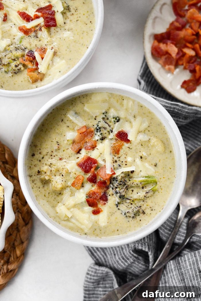 Close-up of creamy Roasted Broccoli Cauliflower Soup