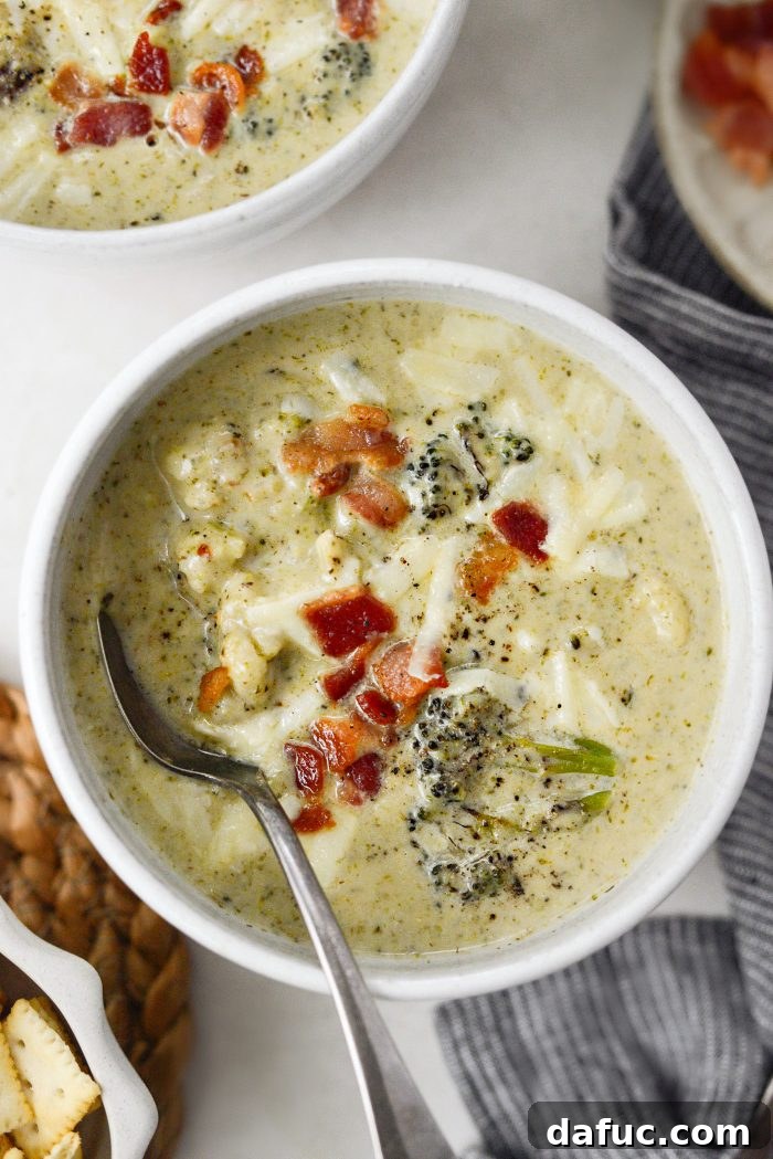 Overhead shot of Roasted Broccoli Cauliflower Soup in a bowl