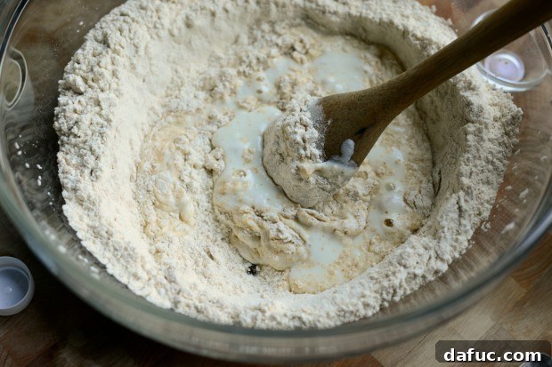 Pillowy Naan Perfection at Home 16 The wet ingredients being slowly stirred into the dry ingredients to form the naan dough.