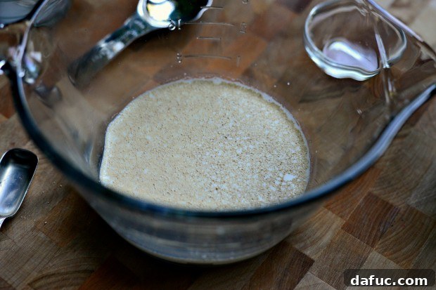 Pillowy Naan Perfection at Home 7 Close-up of active dry yeast proofing in liquid, showing a foamy layer.