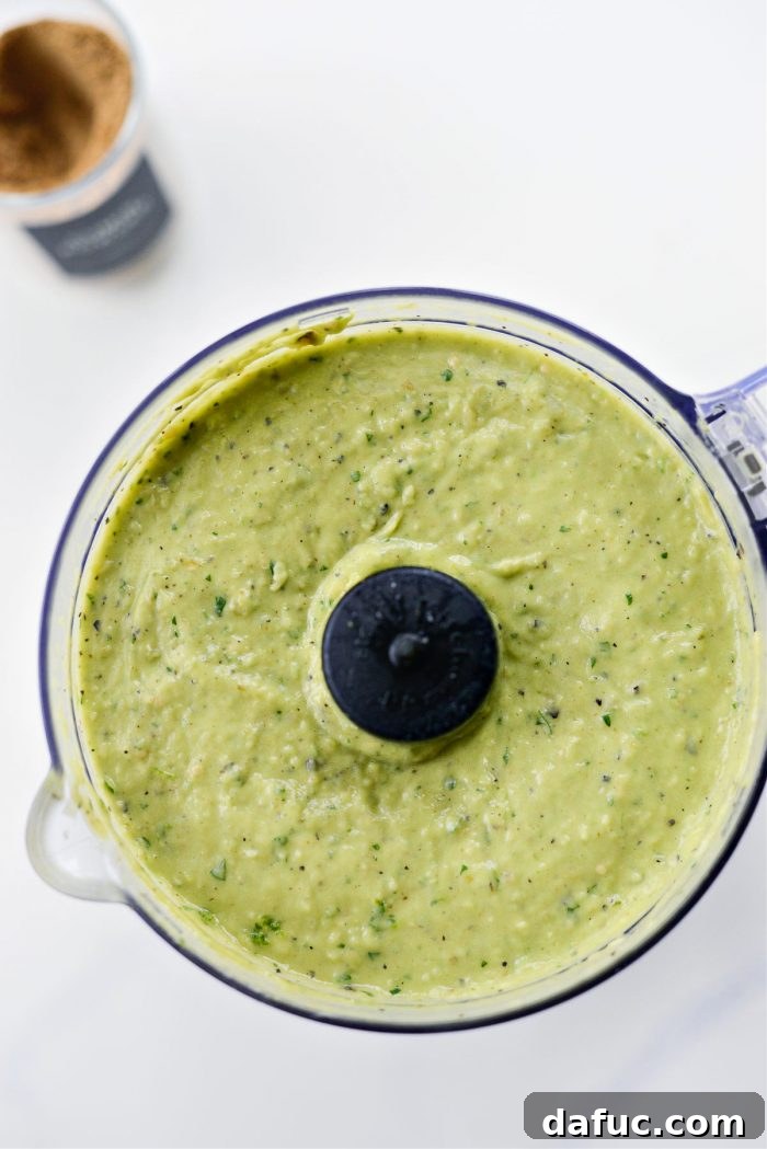Zesty Tomatillo Avocado Salsa 14 Finished blended Tomatillo Avocado Salsa, smooth and vibrant.