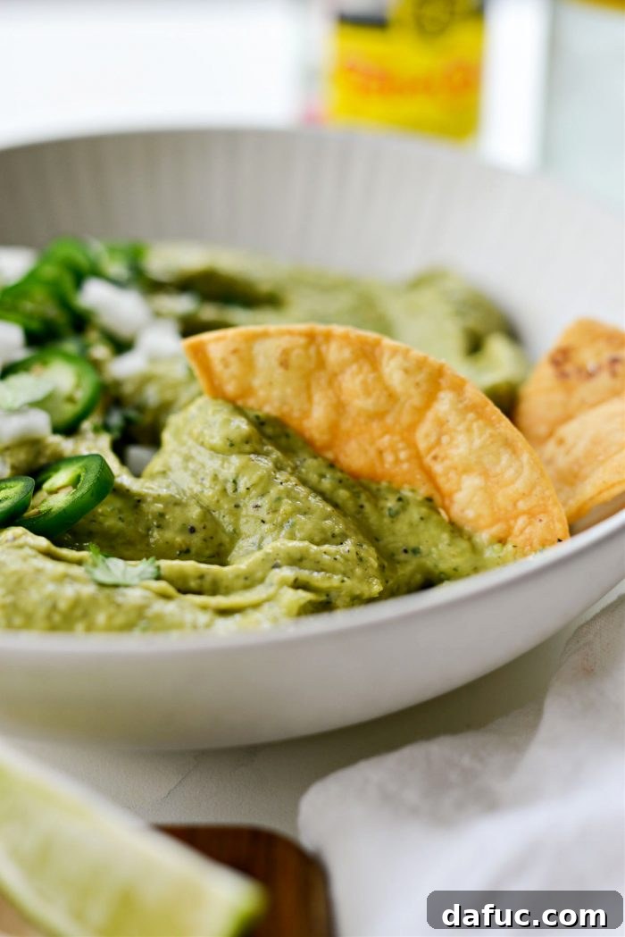 Zesty Tomatillo Avocado Salsa 18 Tomatillo Avocado Salsa recipe, a close-up shot of its vibrant green color.