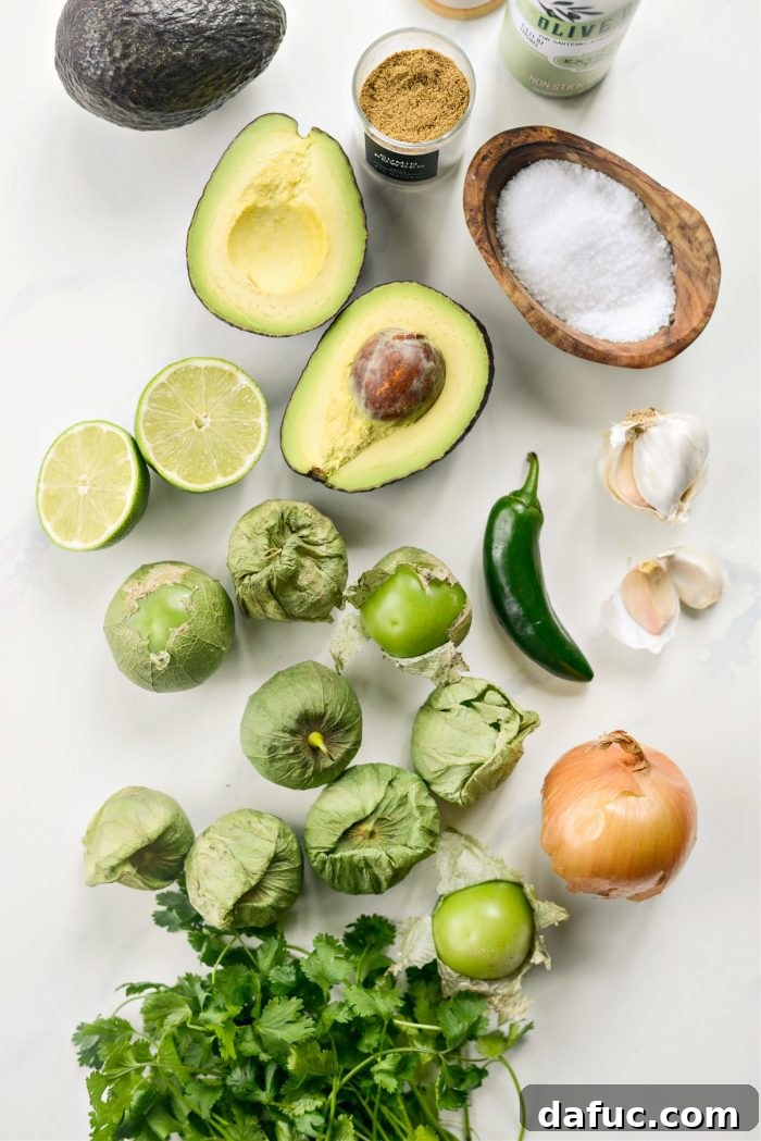 Zesty Tomatillo Avocado Salsa 4 Tomatillo Avocado Salsa Ingredients - Fresh and vibrant components for homemade salsa.